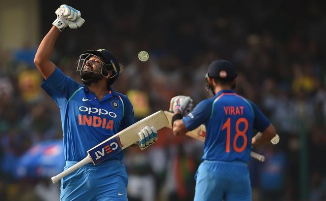 Rohit Sharma slammed his 15th ton and along with Virat Kohli, who blasted his 32nd ton, helped India reach a formidable 337/6. (AFP) Rohit Sharma slammed his 15th ton and along with Virat Kohli, who blasted his 32nd ton, helped India reach a formidable 337/6. (AFP)