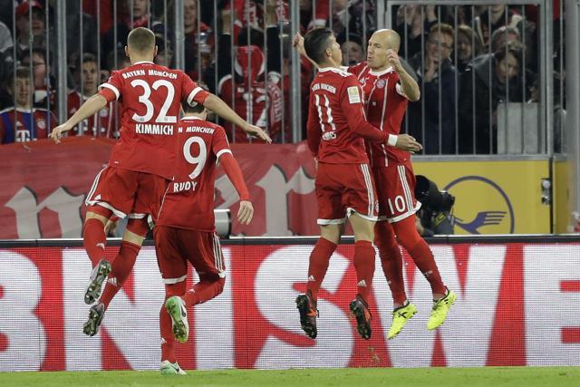 Bayern Munich's Arjen Robben, right, and James Rodriguez celebrate after scoring against RB Leipzig. (AP) Bayern Munich's Arjen Robben, right, and James Rodriguez celebrate after scoring against RB Leipzig. (AP)