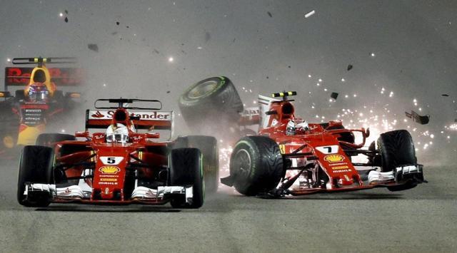 Sebastian Vettel’s collision in Singapore, combined with his spark plug failure in Japan, put Lewis Hamilton closer to the title. (AP)