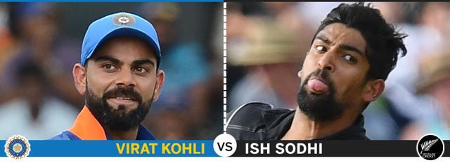 Will India captain Virat Kohli come out on top or will Ish Sodhi utilise the turning tracks of the subcontinent? (HT Photo) Will India captain Virat Kohli come out on top or will Ish Sodhi utilise the turning tracks of the subcontinent? (HT Photo)