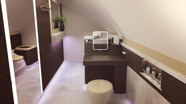Of the two lavatories reserved for suite guests, one features a sit-down vanity. (Courtesy: Singapore Airlines) Of the two lavatories reserved for suite guests, one features a sit-down vanity. (Courtesy: Singapore Airlines)