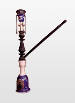 Persian hookah, wood and bronze, 20th century CE. (Treasures: Allahabad Museum)