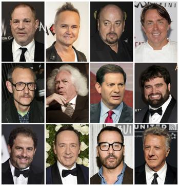 This combination photo shows, top row from left, film producer Harvey Weinstein, former Amazon Studios executive Roy Price, director James Toback, New Orleans chef John Besh, middle row from left, fashion photographer Terry Richardson, New Republic contributing editor Leon Wiseltier, former NBC News political commentator Mark Halperin, former Defy Media executive Andy Signore, and bottom row from left, filmmaker Brett Ratner, actor Kevin Spacey, actor Jeremy Piven and actor Dustin Hoffman. In the weeks since the string of allegations against Weinstein first began, an ongoing domino effect has tumbled through not just Hollywood but at least a dozen other industries. (AP) This combination photo shows, top row from left, film producer Harvey Weinstein, former Amazon Studios executive Roy Price, director James Toback, New Orleans chef John Besh, middle row from left, fashion photographer Terry Richardson, New Republic contributing editor Leon Wiseltier, former NBC News political commentator Mark Halperin, former Defy Media executive Andy Signore, and bottom row from left, filmmaker Brett Ratner, actor Kevin Spacey, actor Jeremy Piven and actor Dustin Hoffman. In the weeks since the string of allegations against Weinstein first began, an ongoing domino effect has tumbled through not just Hollywood but at least a dozen other industries. (AP)