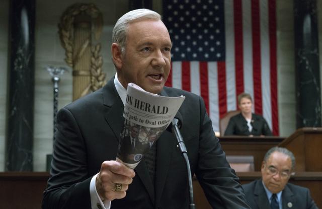 This image released by Netflix shows Kevin Spacey in a scene from House Of Cards. Netflix says it's suspending production on House of Cards following harassment allegations against Spacey. (AP)