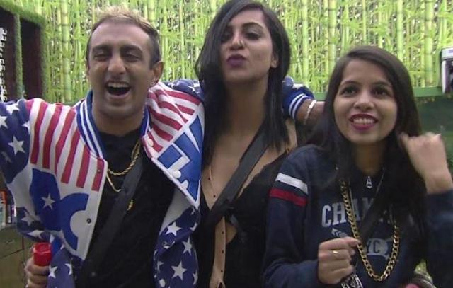Dhinchak Pooja with co-contestant Arshi Khan and Akash Dadlani in the Bigg Boss house.