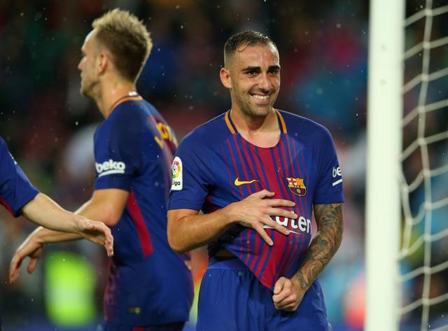 FC Barcelona’s Paco Alcacer celebrates scoring their first goal. (REUTERS)