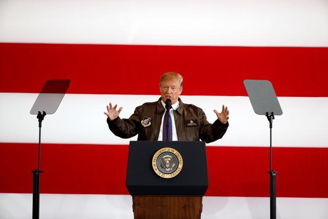 US President Donald Trump addresses members of US military services and Japan Self-Defense Force at US Air Force Yokota Air Base in Fussa. (REUTERS)