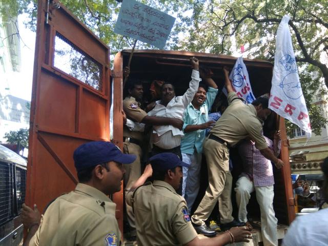 Activists of the Madiga Reservation Porata Samithi during their protest in Hyderabad on Monday. (HT photo) Activists of the Madiga Reservation Porata Samithi during their protest in Hyderabad on Monday. (HT photo)