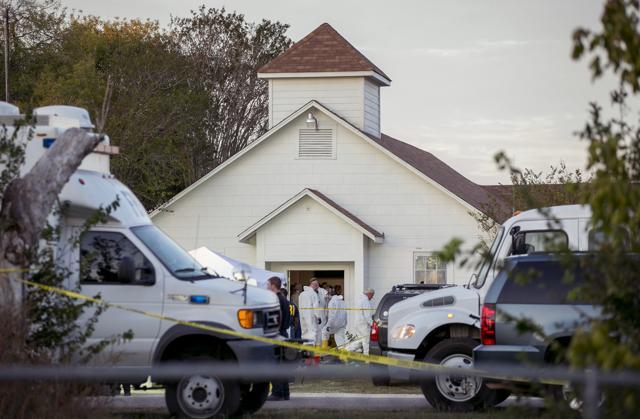 Investigators work at the scene of a mass shooting at the First Baptist Church in Sutherland Springs, Texas. (AP) Investigators work at the scene of a mass shooting at the First Baptist Church in Sutherland Springs, Texas. (AP)