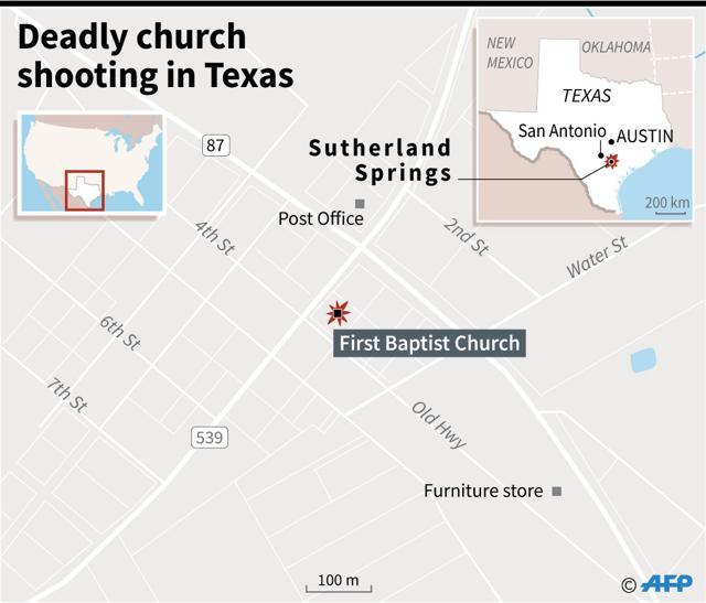Map locating Sutherland Springs in Texas, where a gunman shot dead at least 20 worshippers during Sunday morning services at a Baptist church. (AFP) Map locating Sutherland Springs in Texas, where a gunman shot dead at least 20 worshippers during Sunday morning services at a Baptist church. (AFP)