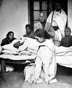 Gandhi during his last fast at Birla House, Delhi. (1948). (Getty Images.) Gandhi during his last fast at Birla House, Delhi. (1948). (Getty Images.)