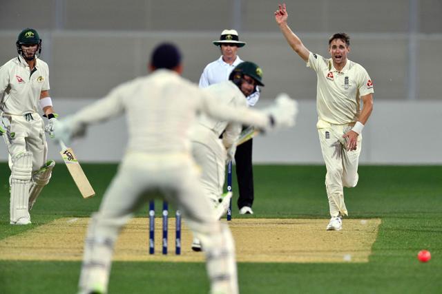 Chris Woakes (R) shouts for a leg-before wicket appeal against Cricket Australia XI's Ryan Gibson. (AFP) Chris Woakes (R) shouts for a leg-before wicket appeal against Cricket Australia XI's Ryan Gibson. (AFP)