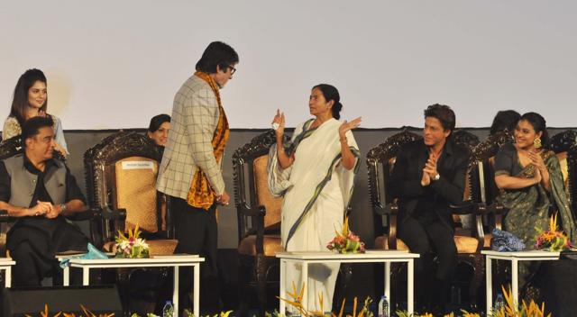 West Bengal chief minister Mamata Banerjee with actors Amitabh Bachchan (2nd L), Shah Rukh Khan (2nd R), Kajol (R) and Kamal Haasan (L) during the inauguration of the 23rd Kolkata International Film Festival in Kolkata on Friday. (IANS)