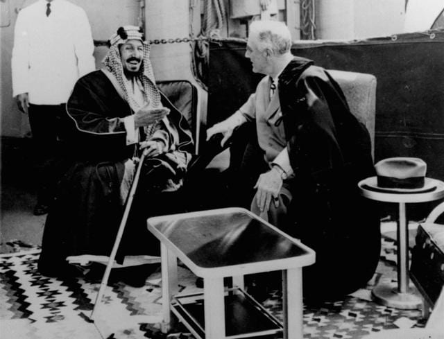 Saudi King Abdulaziz Ibn Saud — the founder of the current Saudi state — in conversation with then US President Franklin D Roosevelt on February 14, 1945. (AP)