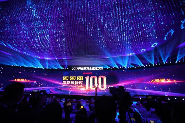 A large screen shows total gross merchandise volume, a measure of sales, exceeding 10 billion yuan after three minutes and 1 second during the 2017 Tmall 11:11 Global Shopping Festival gala in Shanghai early November 11, 2017. (AFP) A large screen shows total gross merchandise volume, a measure of sales, exceeding 10 billion yuan after three minutes and 1 second during the 2017 Tmall 11:11 Global Shopping Festival gala in Shanghai early November 11, 2017. (AFP)