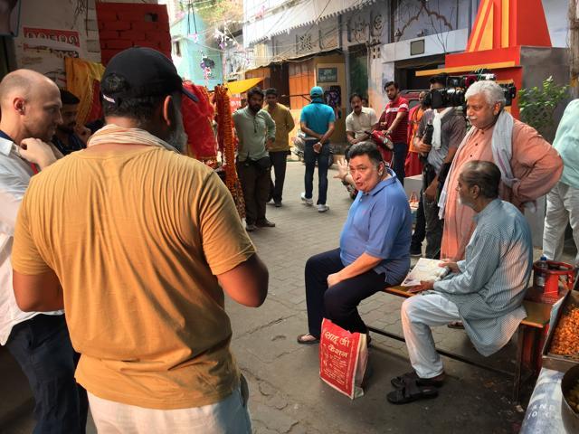 Actor Rishi Kapoor, director Anubhav Singh (back) and Atul Tiwari (right) during the shooting of Mulq in Lucknow.
