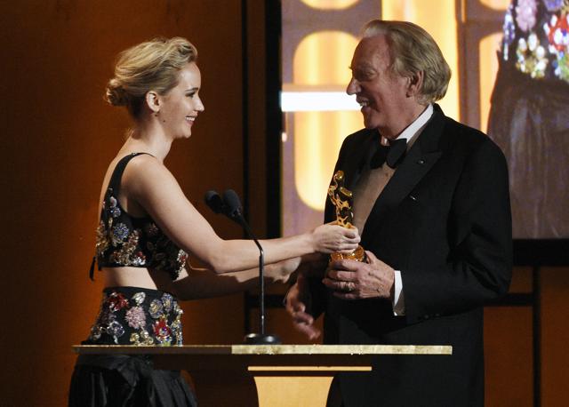 Actress Jennifer Lawrence, left, presents an honorary Oscar to actor Donald Sutherland at the 2017 Governors Awards at The Ray Dolby Ballroom on Saturday, Nov. 11, 2017, in Los Angeles. (Chris Pizzello/Invision/AP) Actress Jennifer Lawrence, left, presents an honorary Oscar to actor Donald Sutherland at the 2017 Governors Awards at The Ray Dolby Ballroom on Saturday, Nov. 11, 2017, in Los Angeles. (Chris Pizzello/Invision/AP)