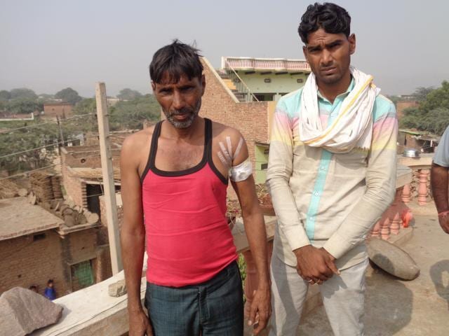 Taher Khan, who sustained a bullet injury, with Jabba in Nuh district of Haryana. (Deep Mukherjee/HT Photo)