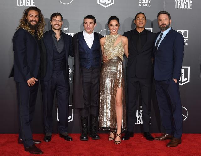 Cast members Jason Momoa, Henry Cavill, Ezra Miller, Gal Gadot, Ray Fisher and Ben Affleck attend the world premiere of Warner Bros. Pictures’ Justice League. (AFP) Cast members Jason Momoa, Henry Cavill, Ezra Miller, Gal Gadot, Ray Fisher and Ben Affleck attend the world premiere of Warner Bros. Pictures’ Justice League. (AFP)