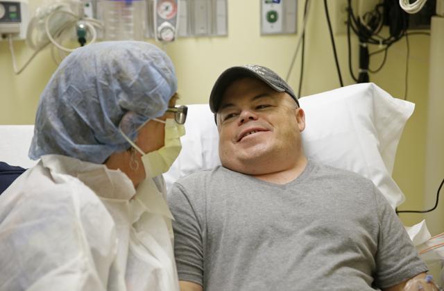 Brian Madeux, 44, sitting with his girlfriend Marcie Humphrey, waits to receive the first human gene editing therapy for NPS, at the UCSF Benioff Children's Hospital in Oakland, California. (AP Photo) Brian Madeux, 44, sitting with his girlfriend Marcie Humphrey, waits to receive the first human gene editing therapy for NPS, at the UCSF Benioff Children's Hospital in Oakland, California. (AP Photo)