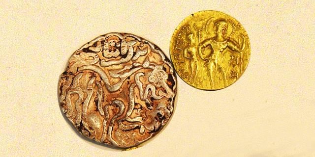 Left: Bengal Sultanate, coin issued in the period of Jalal-ud-din Mohammad Shah; Right: Gold coin from Samudragupta’s reign, issued around 335 AD. (Mohd Zakir/HT PHOTO.)