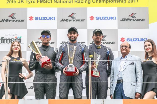 Euro JK 2017 series race winners at the podium during the JK Tyre-FMSCI National Racing Championship final round at Buddh International Circuit in Greater Noida on Sunday. (HT Photo) Euro JK 2017 series race winners at the podium during the JK Tyre-FMSCI National Racing Championship final round at Buddh International Circuit in Greater Noida on Sunday. (HT Photo)