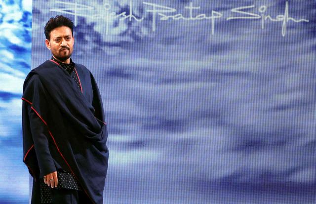 Irrfan Khan showcases a creation by designer Rajesh Pratap Singh at the Van Heusen GQ Fashion Nights 2017 in Mumbai. (AFP) Irrfan Khan showcases a creation by designer Rajesh Pratap Singh at the Van Heusen GQ Fashion Nights 2017 in Mumbai. (AFP)
