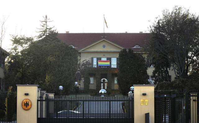A picture taken on November 16, 2017 shows a rainbow flag hanging outside the German embassy in the Turkish capital Ankara in support of the lesbian, gay, bisexual, transgender community. (AFP)