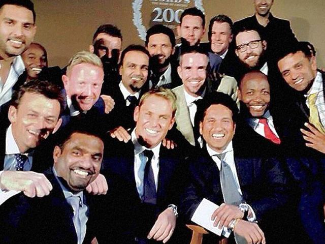 Sachin Tendulkar flanked by Brian Lara and Rahul Dravid on his left and Shane Warne and Muttiah Muralitharan on the right pose for the shutterbugs during a dinner party to celebrate bicentenary of Lord's in London. (PTI) Sachin Tendulkar flanked by Brian Lara and Rahul Dravid on his left and Shane Warne and Muttiah Muralitharan on the right pose for the shutterbugs during a dinner party to celebrate bicentenary of Lord's in London. (PTI)