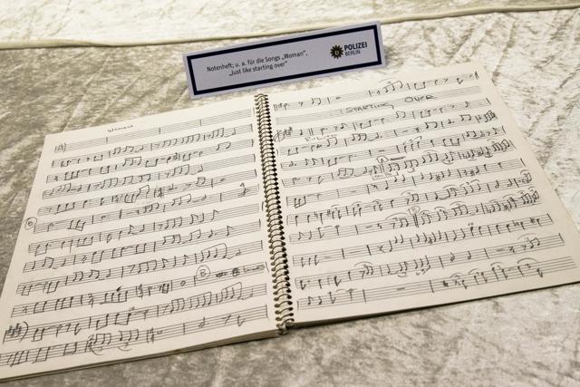 The hand written song ‘Woman’ and ‘Just like starting over’ by John Lennon is displayed at the police department headquarters in Berlin on November 21. (AP Photo) The hand written song ‘Woman’ and ‘Just like starting over’ by John Lennon is displayed at the police department headquarters in Berlin on November 21. (AP Photo)