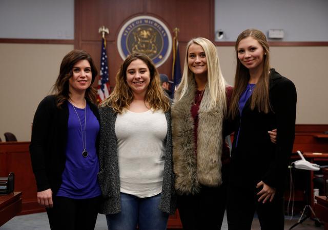 Larissa Boyce (L), Alexis Alvarado, (2nd L) Christine Harrison (2nd R) and Jessica Smith who were victimized by former Michigan State University and USA Gymnastics doctor Larry Nassar. (AFP) Larissa Boyce (L), Alexis Alvarado, (2nd L) Christine Harrison (2nd R) and Jessica Smith who were victimized by former Michigan State University and USA Gymnastics doctor Larry Nassar. (AFP)