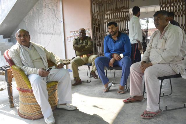 Ved Pal (extreme left) is contesting from Yadav-dominated Bamheta village after twin murders in his family in June. (Sakib Ali/HT Photo) Ved Pal (extreme left) is contesting from Yadav-dominated Bamheta village after twin murders in his family in June. (Sakib Ali/HT Photo)