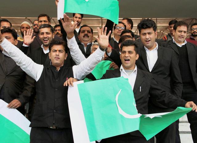 Lawyers shout slogans during a protest against the Lahore High Court's order for the release of JuD chief Hafiz Saeed, in Jammu on Thursday. (PTI Photo) Lawyers shout slogans during a protest against the Lahore High Court's order for the release of JuD chief Hafiz Saeed, in Jammu on Thursday. (PTI Photo)