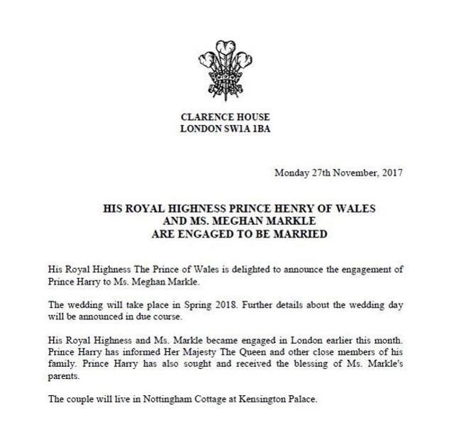 This handout issued by Clarence House on Monday Nov. 27, 2017, shows the letter announcing the engagement between Prince Harry and Meghan Markle. They will marry in the spring. (Clarence House via AP) (AP) This handout issued by Clarence House on Monday Nov. 27, 2017, shows the letter announcing the engagement between Prince Harry and Meghan Markle. They will marry in the spring. (Clarence House via AP) (AP)
