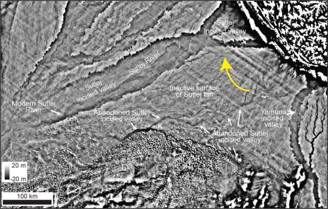 Topography of Sutlej-Yamuna plains showing how modern Himalayan rivers occupy incised valleys. (Data for map courtesy of NASA and U.S. Geological Survey) (P.J. Mason/S. Gupta ) Topography of Sutlej-Yamuna plains showing how modern Himalayan rivers occupy incised valleys. (Data for map courtesy of NASA and U.S. Geological Survey) (P.J. Mason/S. Gupta )