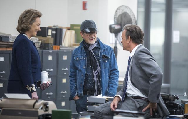 This image released by 20th Century Fox shows actor Meryl Streep, from left, director Steven Spielberg, and actor Tom Hanks on the set of The Post. (AP) This image released by 20th Century Fox shows actor Meryl Streep, from left, director Steven Spielberg, and actor Tom Hanks on the set of The Post. (AP)
