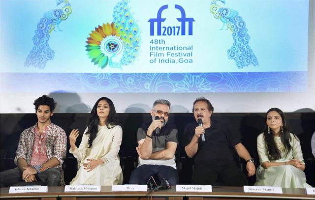 Academy Award nominee Iranian Director Majid Majedi with Indian lead casts Ishaan Khatter and Malavika Mohanan during a press conference at IFFI in Panaji on Tuesday. (PTI) Academy Award nominee Iranian Director Majid Majedi with Indian lead casts Ishaan Khatter and Malavika Mohanan during a press conference at IFFI in Panaji on Tuesday. (PTI)