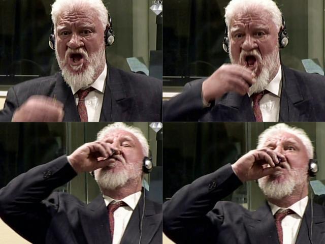 This combination of pictures created on November 29, 2017 shows videograbs taken from live footage of the International Criminal Court, of Croatian former general Slobodan Praljak swallowing what is believed to be poison, during his judgement at the UN war crimes court to protest the upholding of a 20-year jail term. (AFP)