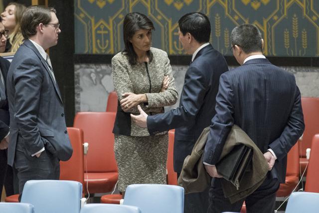American Ambassador to the United Nations Nikki Haley, center, speaks to Chinese Deputy Ambassador to the United Nations Wu Haitao after a Security Council meeting on the situation in North Korea, Wednesday, Nov. 29, 2017, at United Nations headquarters. (AP) American Ambassador to the United Nations Nikki Haley, center, speaks to Chinese Deputy Ambassador to the United Nations Wu Haitao after a Security Council meeting on the situation in North Korea, Wednesday, Nov. 29, 2017, at United Nations headquarters. (AP)