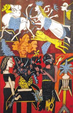 Ageless Combat- A reverse on acrylic work done in 1998 that borrowed from the manic Indian life. (The Seagull foundation for the arts.) Ageless Combat- A reverse on acrylic work done in 1998 that borrowed from the manic Indian life. (The Seagull foundation for the arts.)