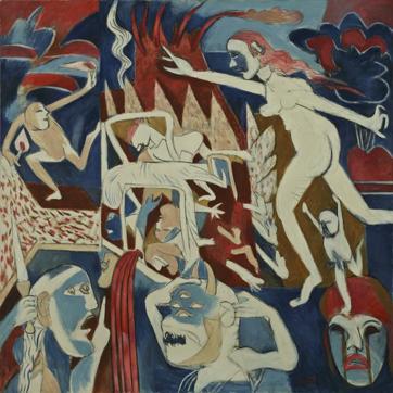 The City is Not for Burning - a painting Subramanyan made in 1993 as a response to the communal Gujarat-Bombay divide that was beginning to rear its head in the city. (Courtesy/Alkazi collection.) The City is Not for Burning - a painting Subramanyan made in 1993 as a response to the communal Gujarat-Bombay divide that was beginning to rear its head in the city. (Courtesy/Alkazi collection.)
