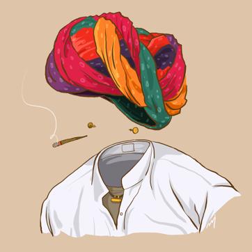 The desi Invisible Man, created by Delhi art director Raj Kamal, smokes a beedi, wears earrings and a colourful Rajasthani turban. The desi Invisible Man, created by Delhi art director Raj Kamal, smokes a beedi, wears earrings and a colourful Rajasthani turban.