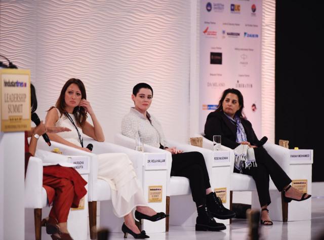 Rose McGowan (centre), Farah Mohamed (right), Dr. Rola Hallam (left) speak during the Hindustan Times Leadership Summit at Hyatt Regency in New Delhi. (Burhaan Kinu/HT Photo) Rose McGowan (centre), Farah Mohamed (right), Dr. Rola Hallam (left) speak during the Hindustan Times Leadership Summit at Hyatt Regency in New Delhi. (Burhaan Kinu/HT Photo)
