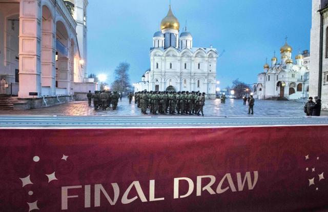 Servicemen practice at the Kremlin in Moscow on November 30, 2017 on the eve of the Final Draw for the 2018 FIFA World Cup. (AFP) Servicemen practice at the Kremlin in Moscow on November 30, 2017 on the eve of the Final Draw for the 2018 FIFA World Cup. (AFP)