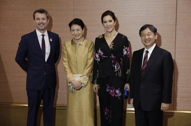 Denmark's Crown Prince Frederik, left, Crown Princess Mary, second right, stand together with Japan's Crown Prince Naruhito, right, and Crown Princess Masako, second left, prior to the official celebration of the 150 years anniversary of Japan-Denmark relationship and gala dinner in Tokyo Thursday, Oct. 12, 2017. (AP) Denmark's Crown Prince Frederik, left, Crown Princess Mary, second right, stand together with Japan's Crown Prince Naruhito, right, and Crown Princess Masako, second left, prior to the official celebration of the 150 years anniversary of Japan-Denmark relationship and gala dinner in Tokyo Thursday, Oct. 12, 2017. (AP)
