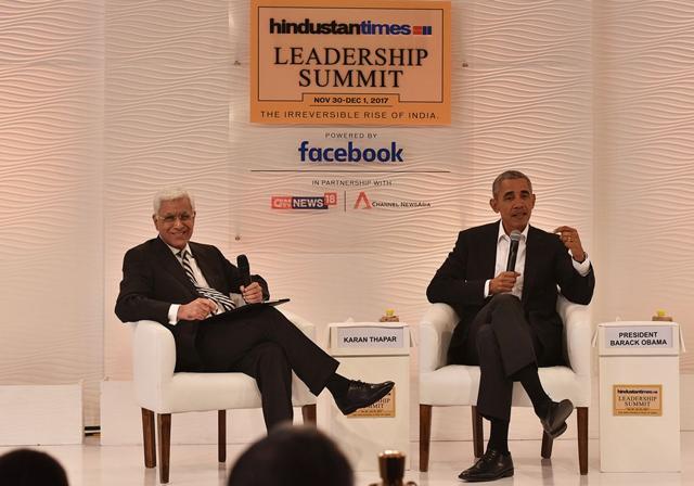 Former US president Barack Obama in conversation with journalist Karan Thapar at the Hindustan Times Leadership Summitin New Delhi, India, on Friday. (Sanchit Khanna/HT PHOTO) Former US president Barack Obama in conversation with journalist Karan Thapar at the Hindustan Times Leadership Summitin New Delhi, India, on Friday. (Sanchit Khanna/HT PHOTO)