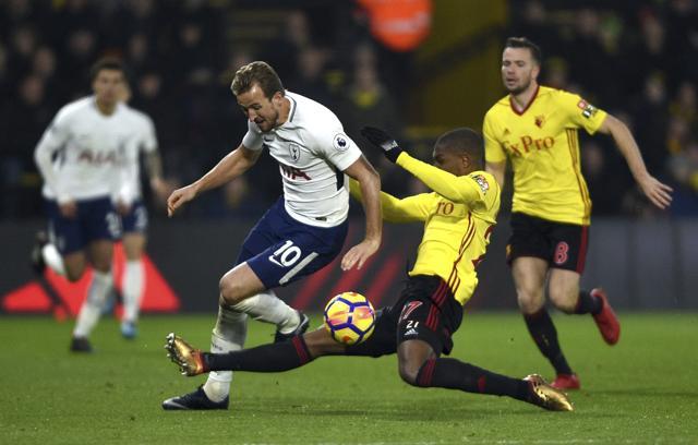 Tottenham Hotspur's Harry Kane reacts to a challenge from Watford's Christian Kabasele. (AP) Tottenham Hotspur's Harry Kane reacts to a challenge from Watford's Christian Kabasele. (AP)