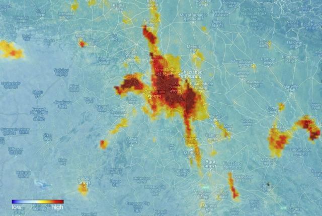 Air pollution over Delhi captured by the Copernicus Sentinel-5P mission on November 10, 2017. (Contains modified Copernicus Sentinel data (2017), processed by KNMI/European Space Agency) Air pollution over Delhi captured by the Copernicus Sentinel-5P mission on November 10, 2017. (Contains modified Copernicus Sentinel data (2017), processed by KNMI/European Space Agency)