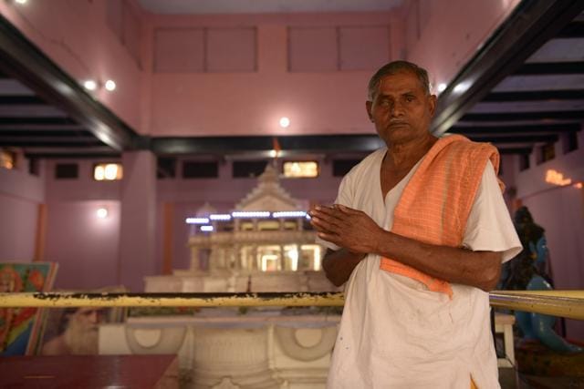 Lal says he is around 55 and spends his days in Ayodhya’s Karsevakpuram, the nerve centre of the temple movement that houses a prototype of the proposed Ram temple. (Manira Chaudhury/HT Photo)