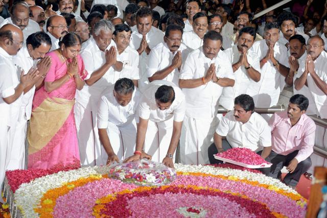 Tamil Nadu CM K Palaniswami with deputy chief minister O Panneerselvam and party senior leaders pay floral tributes to AIADMK supremo J Jayalalithaa's memorial in Chennai. (PTI FILE) Tamil Nadu CM K Palaniswami with deputy chief minister O Panneerselvam and party senior leaders pay floral tributes to AIADMK supremo J Jayalalithaa's memorial in Chennai. (PTI FILE)